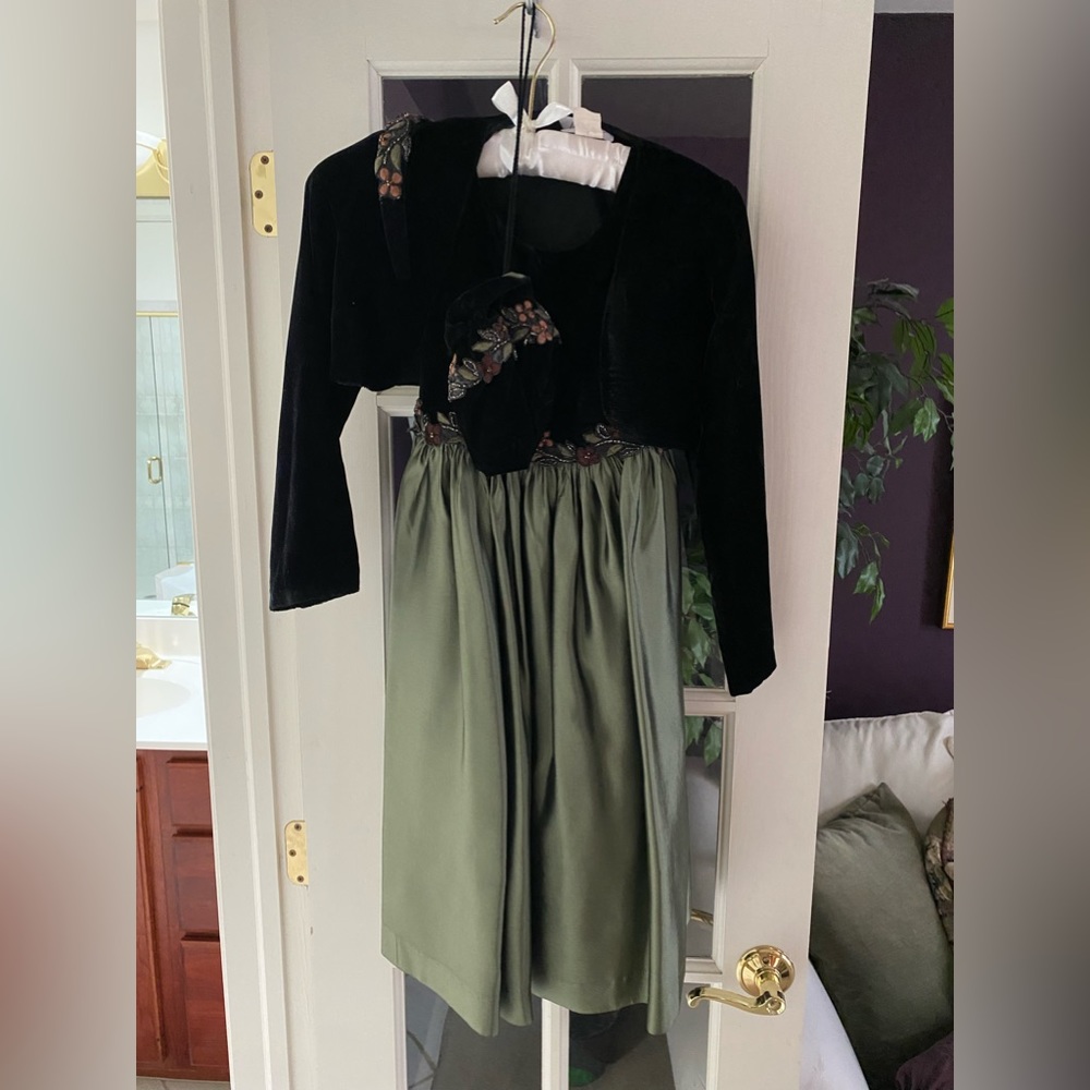 Vintage black velvet, embroidered dress with headband and bag
